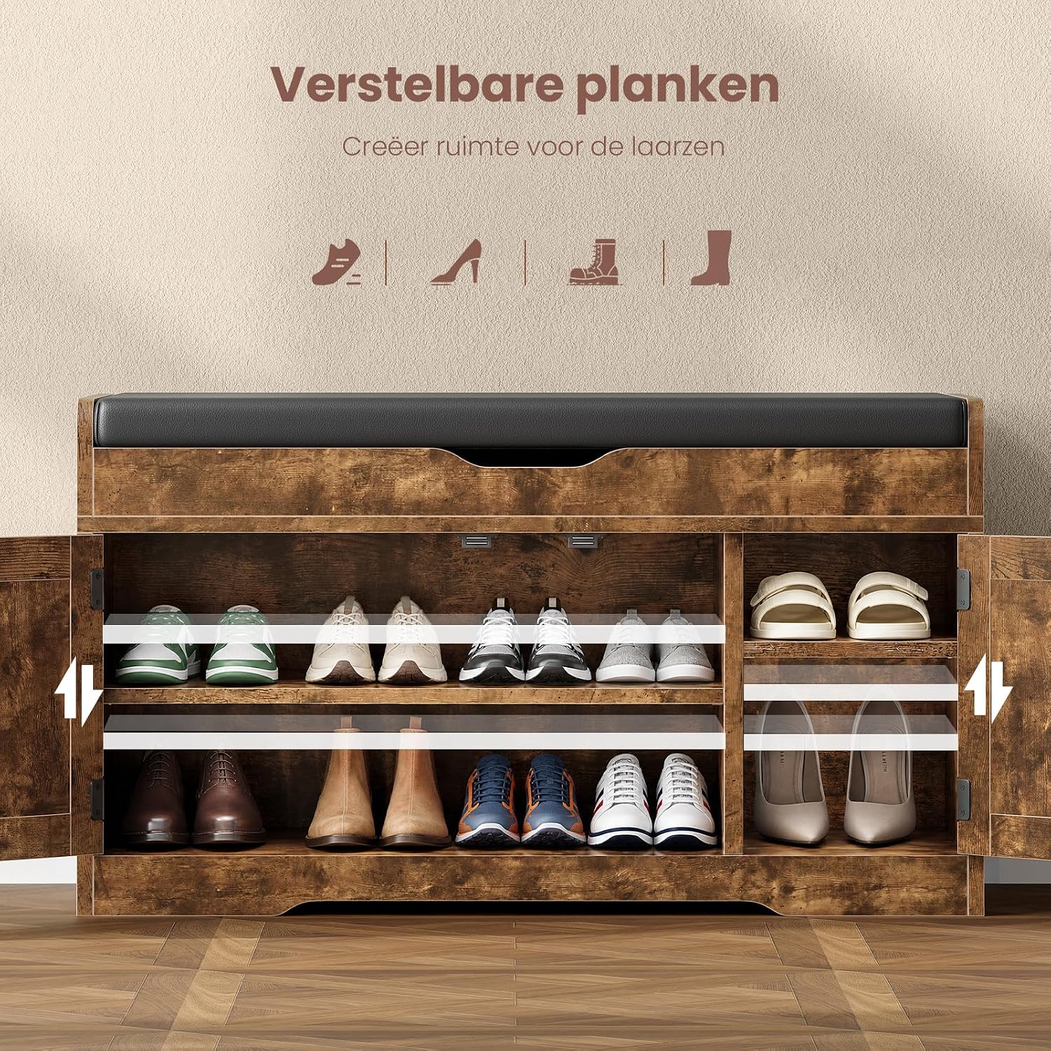 Detalle 2 de TEENFON schoenenbank 92 x 35 x 50 cm met 2 deuren, zitkussen en verstelbare planken