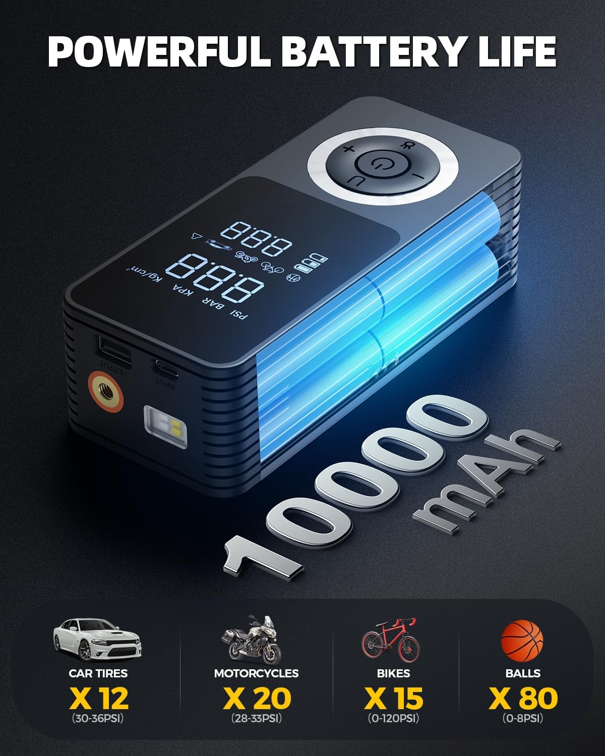 Thumbnail 4 de Cordless Tire Inflator ST10 Air Pump with Digital Pressure Gauge, LED Light, 150 PSI, Auto Shutoff (12V Car Adapter)