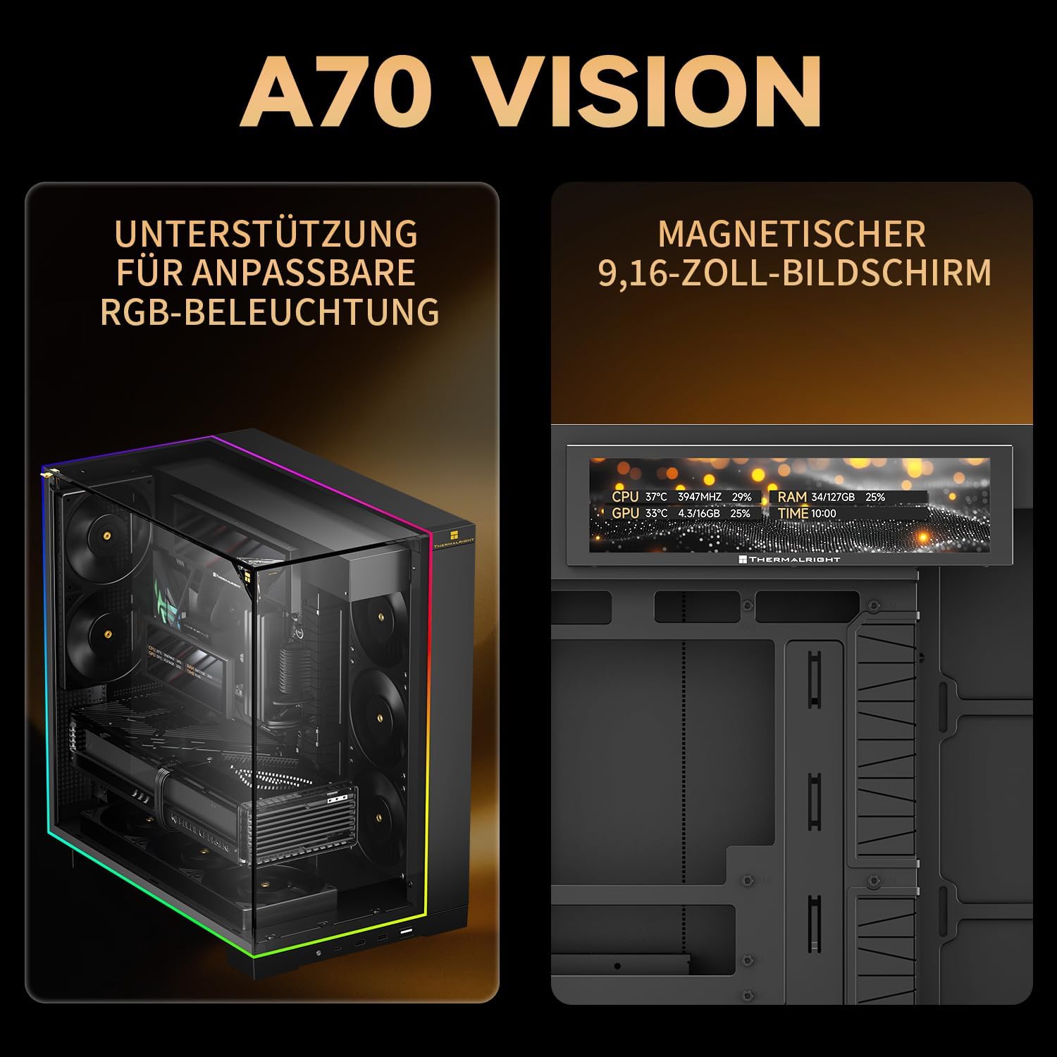 Detalle de Thermalright A70 VISION Full Tower PC Case with 9.16-inch Display and Mesh Ventilation