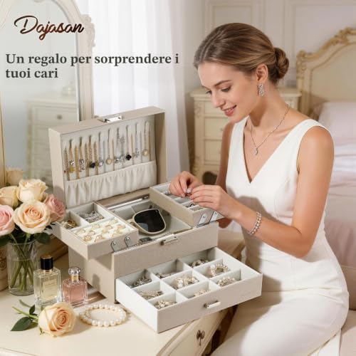 Thumbnail 6 de Dajasan portagioie a 3 livelli in pelle sintetica, champagne, con cassetto