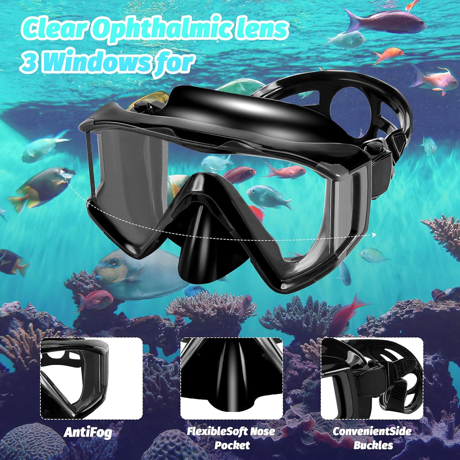 Thumbnail 2 de Set snorkeling adulti con maschera panoramica a 3 finestre e boccaglio – antiappannamento e anti-fuga