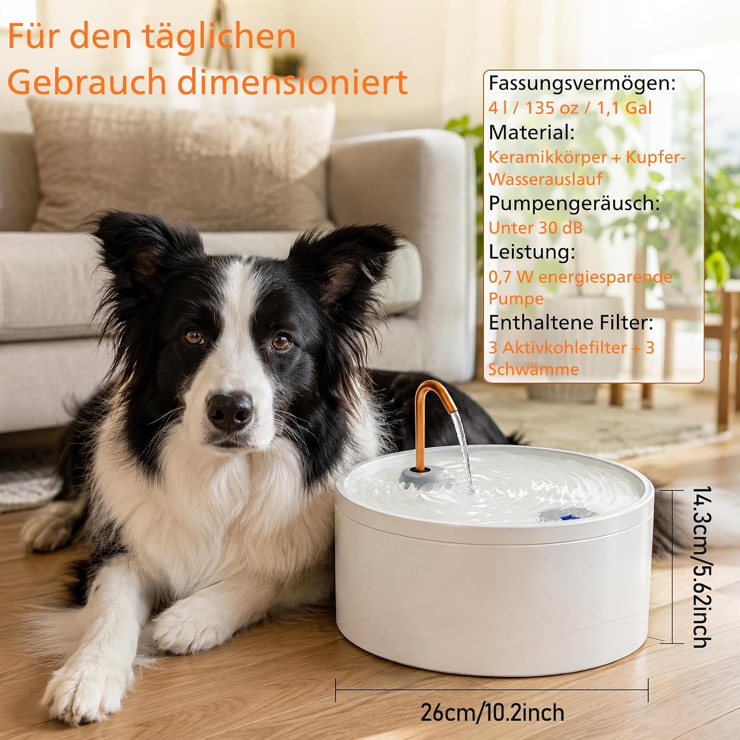 Detalle de MISFANS Keramik Trinkbrunnen für Hunde – 4L, Kupferrohr, leise Pumpe, 135oz, ideal für mehrere Haustiere