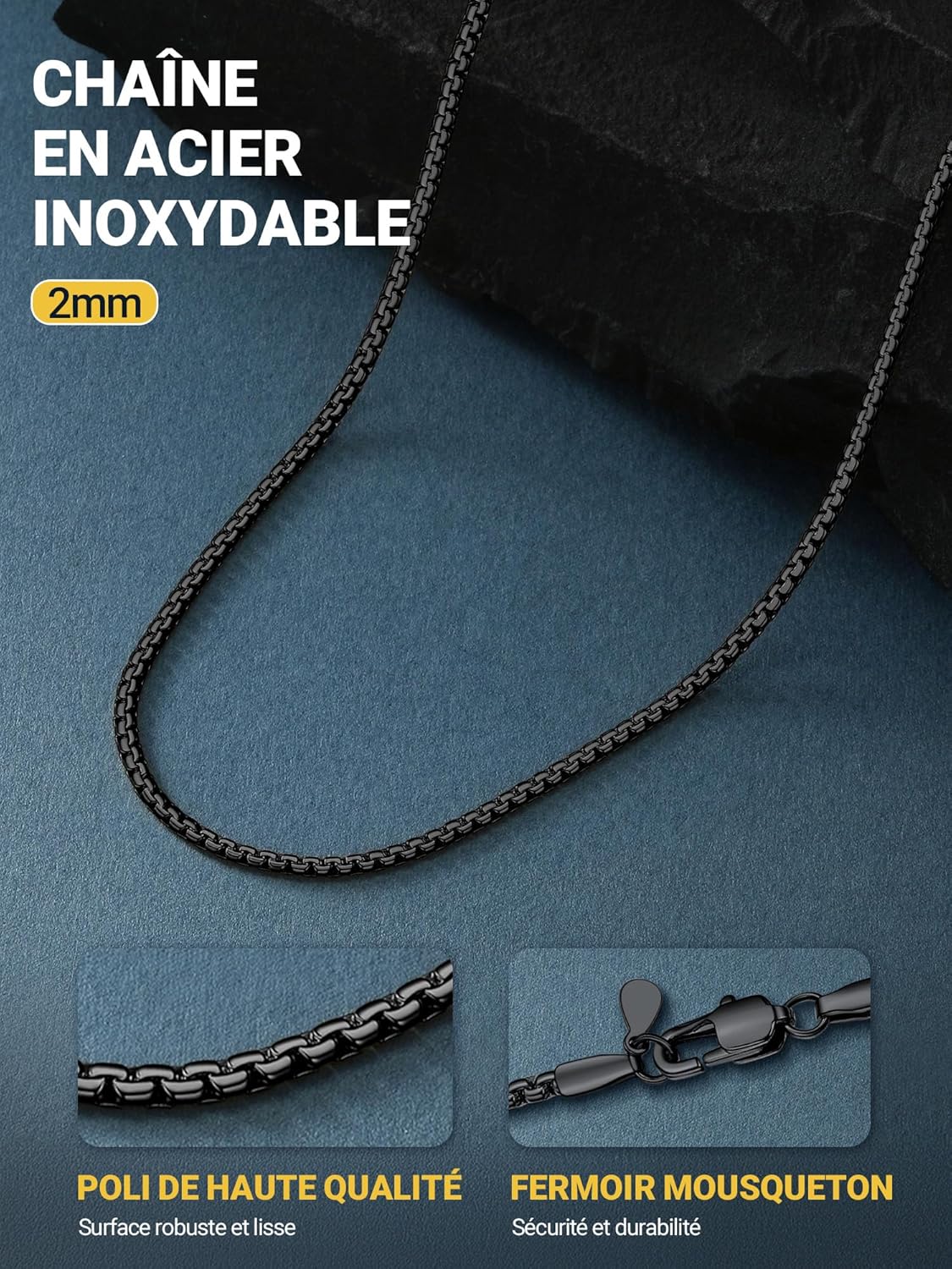 Thumbnail 2 de Collier chaîne acier inoxydable noir PROSTEEL (2/4/6/8 mm) en 316L, longueurs 36 à 76 cm