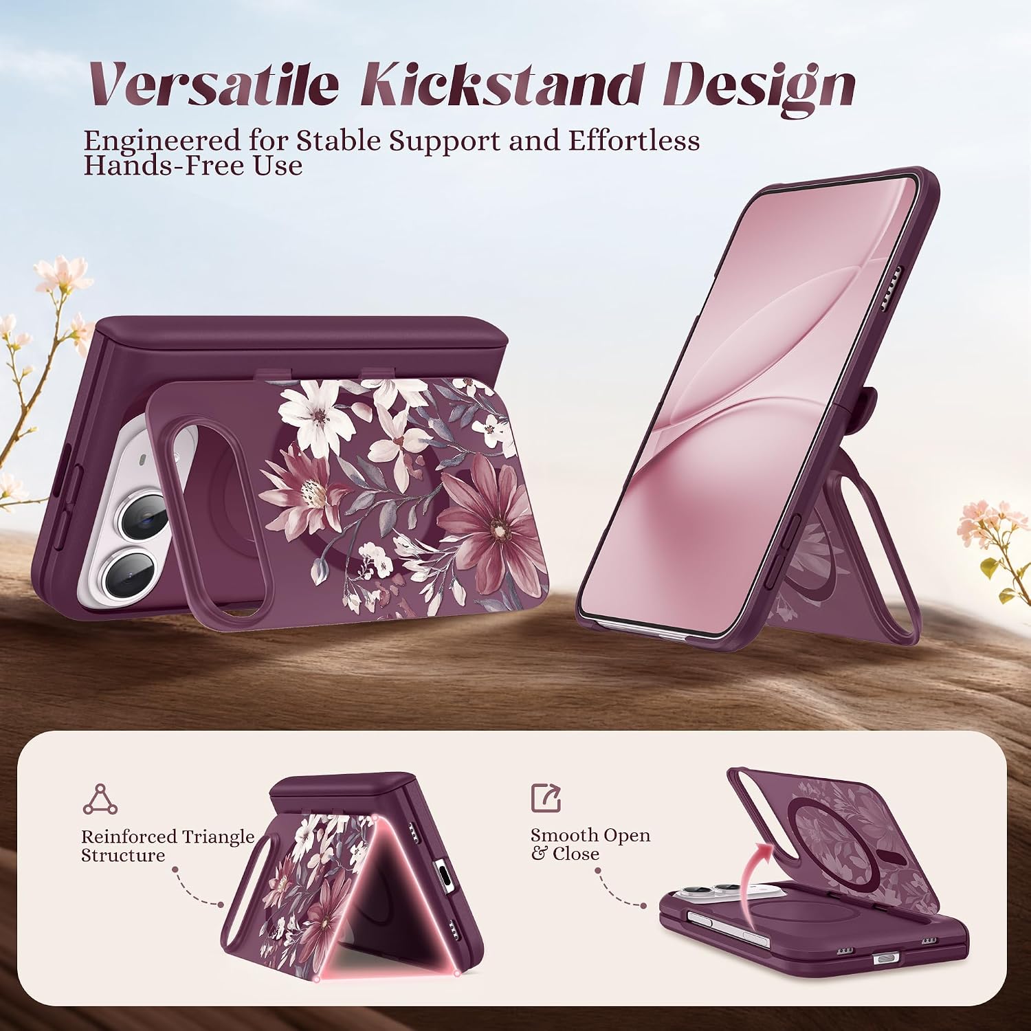 Thumbnail 1 de GVIEW iPhone Duo Case, MagSafe Compatible, Clarkia/Dark Cherry Floral Design