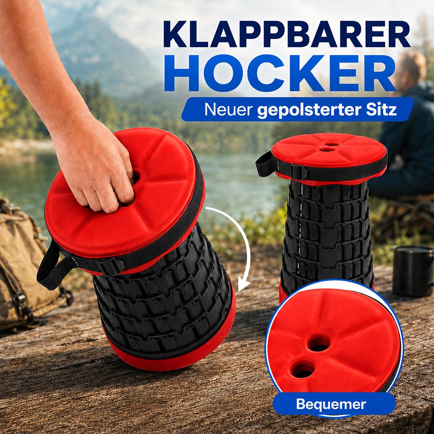 Detalle de HAPPY DAYS Klappbarer Hocker Campinghocker 2026 – gepolsterter Sitz, höhenverstellbar, belastbar bis 280 kg