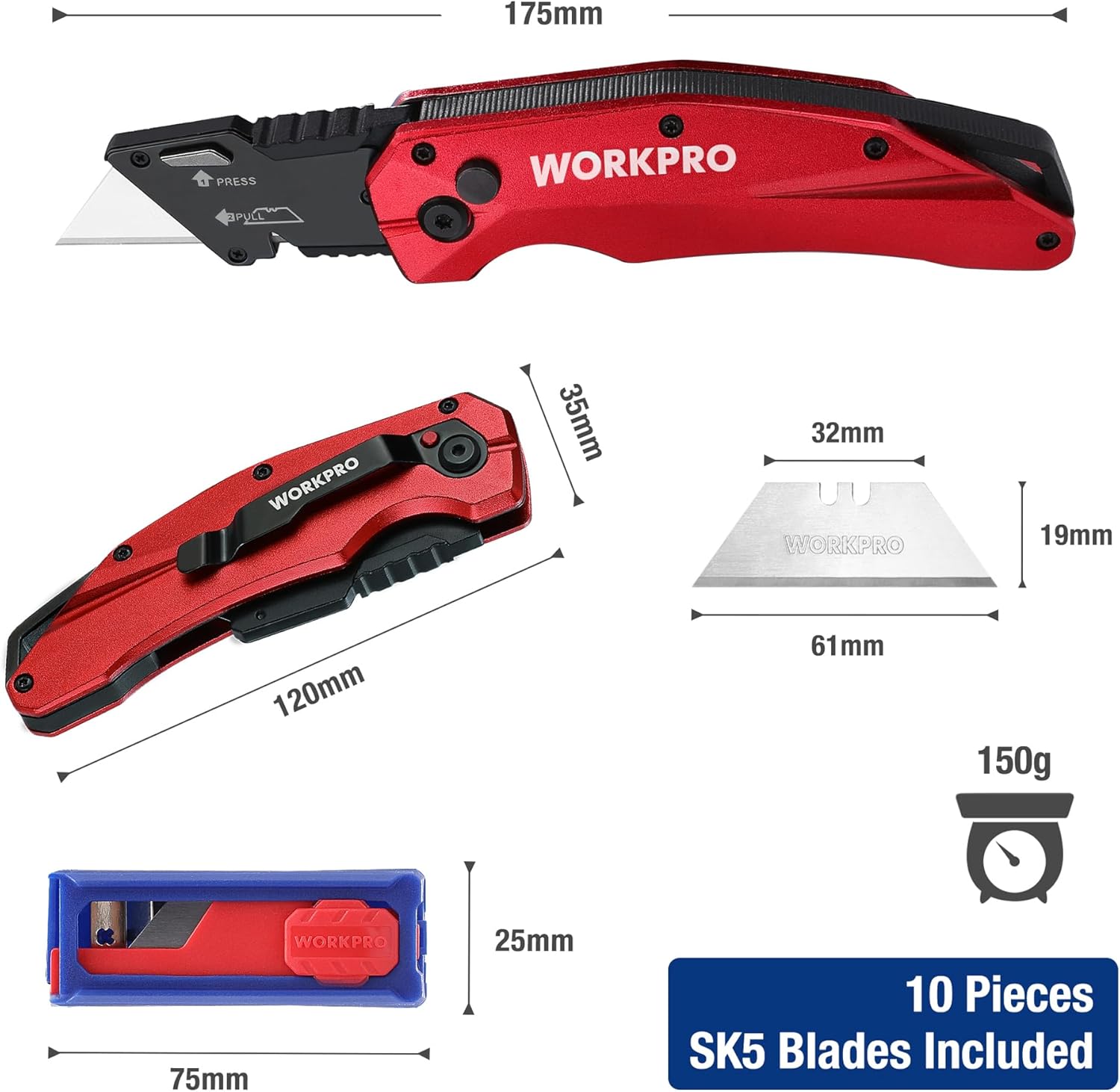 Detalle 2 de WORKPRO Cutter Professionnel Pliant avec mécanisme de changement rapide – 10 lames SK5 incluses