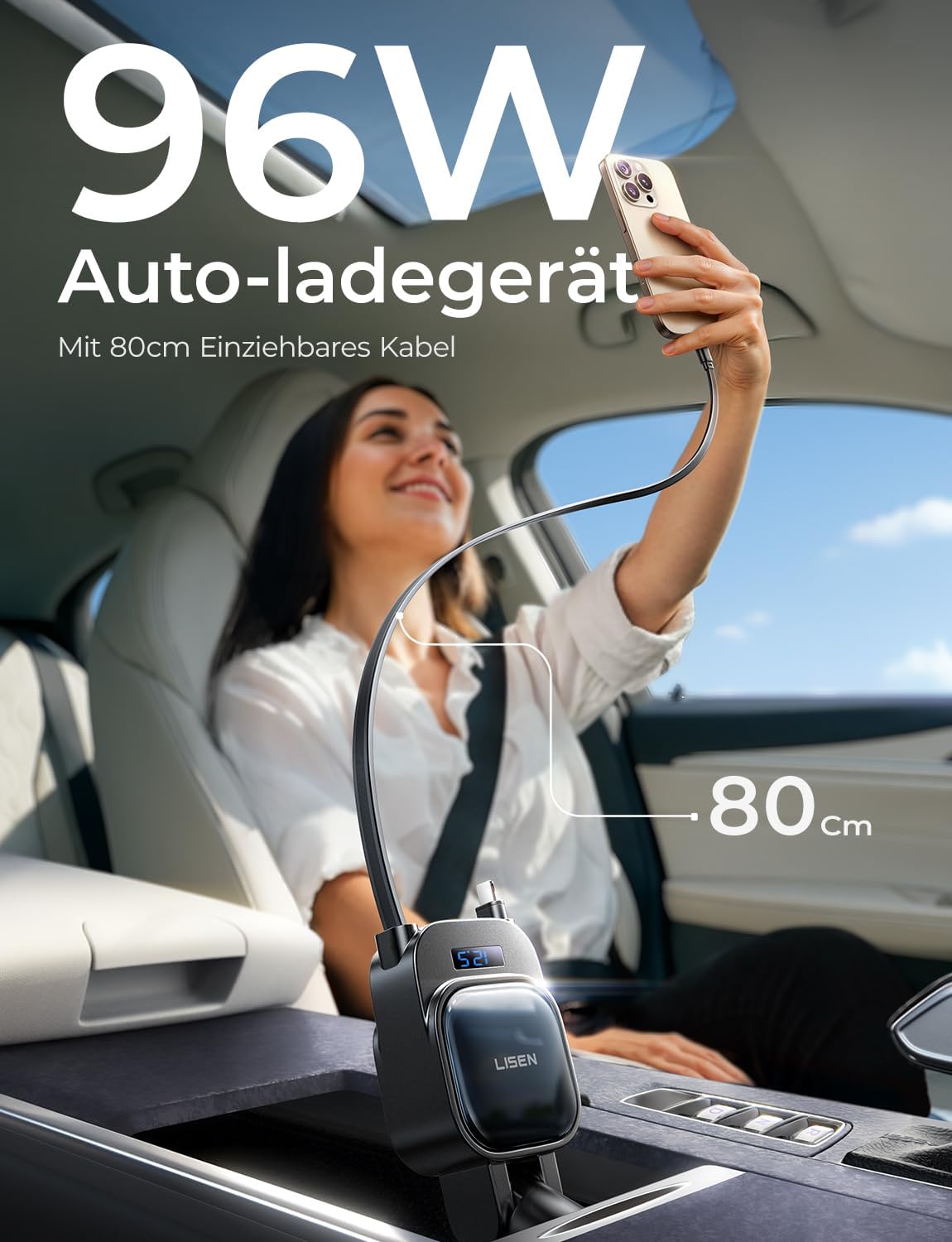 Thumbnail 1 de LISEN 96W Zigarettenanzünder USB C 4 in 1 Auto-Ladegerät – 12V/24V Schnellladen mit LCD-Spannungsanzeige