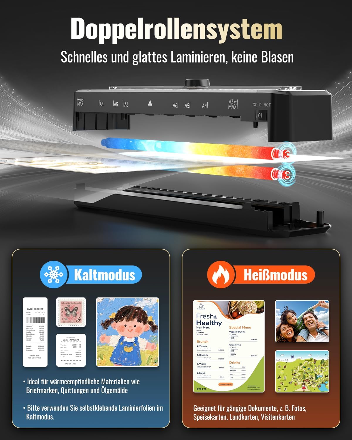Detalle 2 de Laminiergerät A3 für A3–A7 mit Papierschneider, Eckrunde und ABS-Anti-Stau – Heiß & Kalt