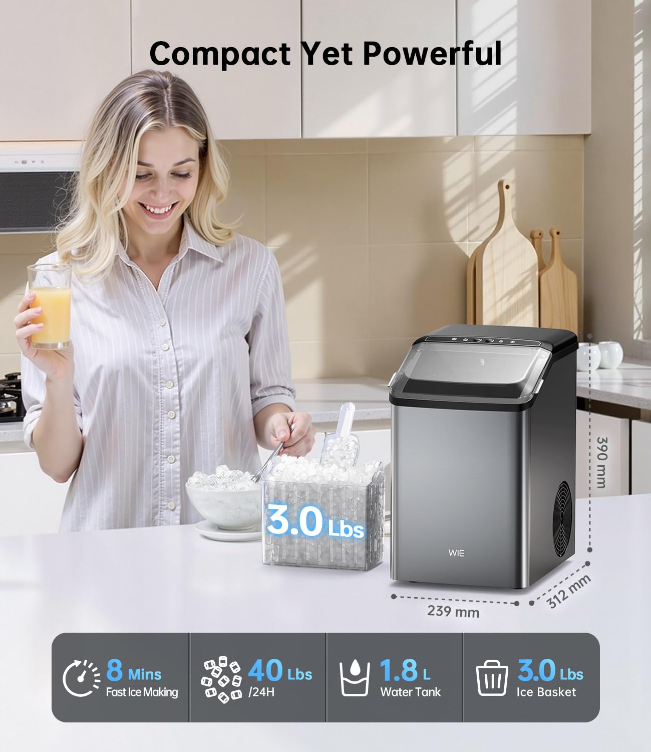 Detalle 1 de WIE WI40USN-B015S-OB-HG-OV Nugget Ice Maker, 40 lb Daily Output