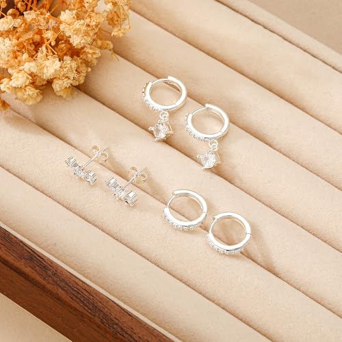 Detalle de Halora Silver Earrings for Women: 8 Styles in 3-Pair Sets – 925 Sterling Silver Hypoallergenic Studs & Hoops