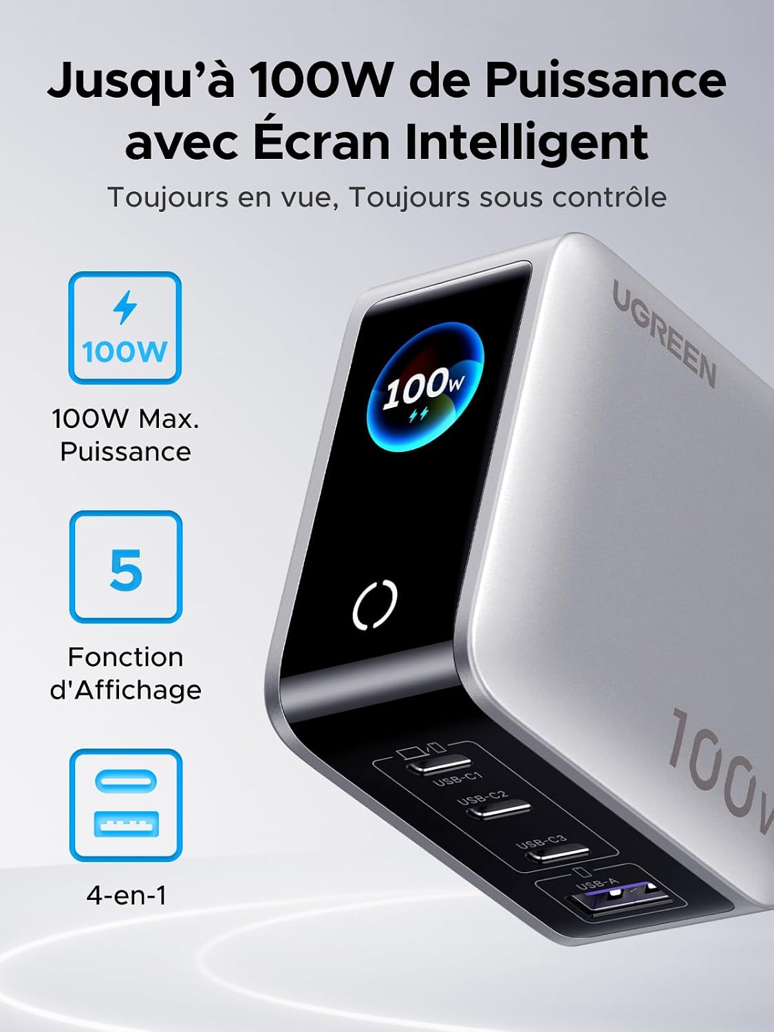 Thumbnail 1 de UGREEN Nexode Pro 100W: Chargeur USB-C 4 Ports avec Écran Intelligent, GaNInfinity II