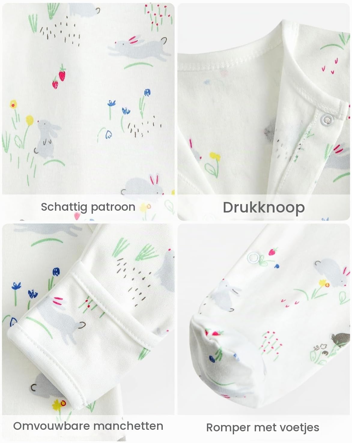 Detalle de JiAmy babyrompers, set van 3 katoenen boxpakjes met lange mouwen en voetjes