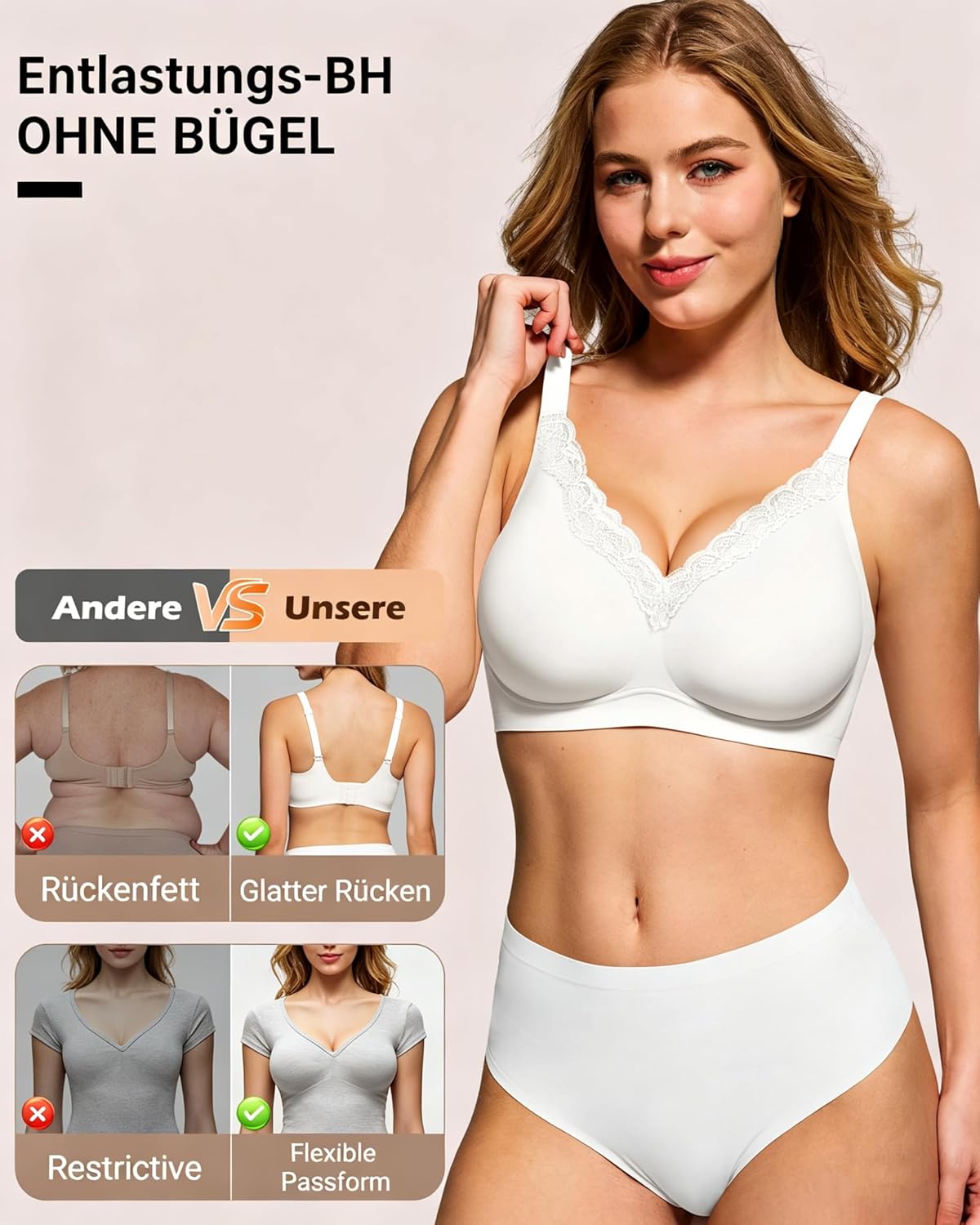 Thumbnail 4 de HORISUN BH Damen ohne Bügel mit V-Ausschnitt und Spitzenbesatz – nahtloser T-Shirt-BH mit sanftem Halt