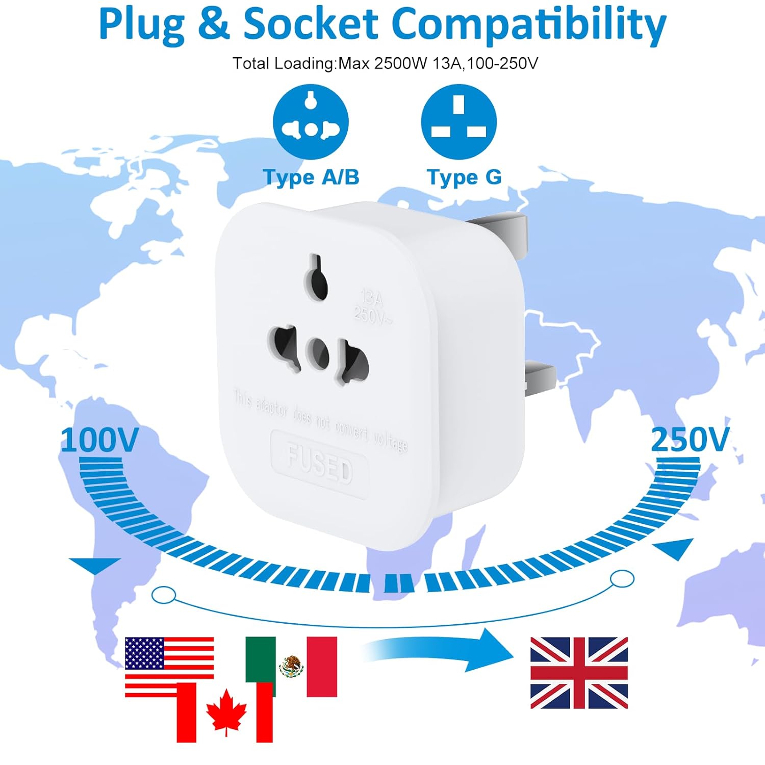 Thumbnail 6 de US to UK Plug Adapter 13A 2-Pack