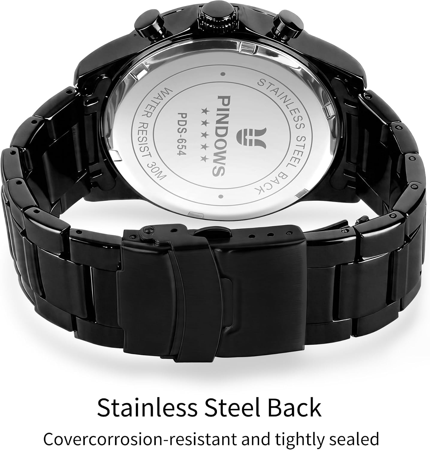 Detalle 2 de PINDOWS Schwarze Herrenuhr: Minimalistischer Edelstahl Chronograph mit Datum, 3ATM wasserdicht