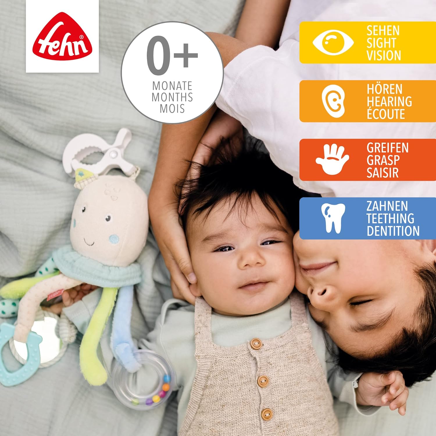 Detalle de Fehn Activity-Spieltier Oktopus – Baby Motorikspielzeug für Kinderwagen, Bett und Babyschale