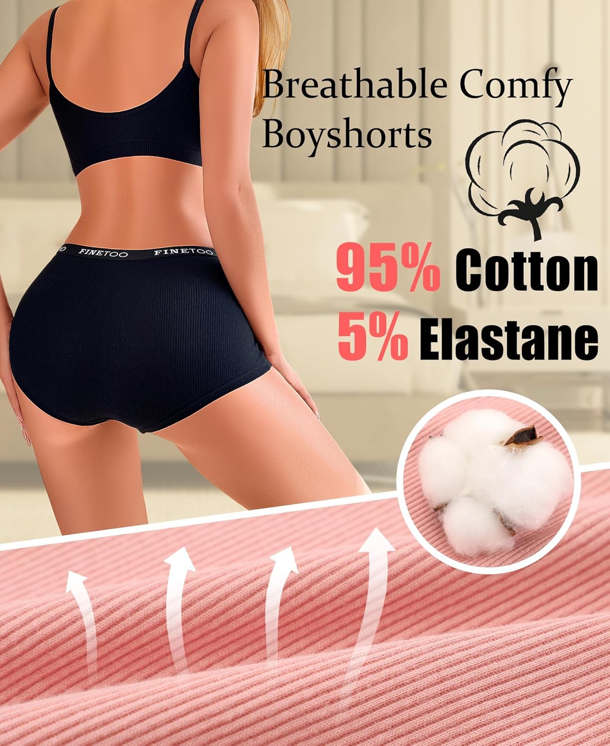 Thumbnail 2 de FINETOO 5er-Pack Boxershorts für Damen aus Baumwolle (Slip/Unterhosen, atmungsaktiv, weicher Bund)
