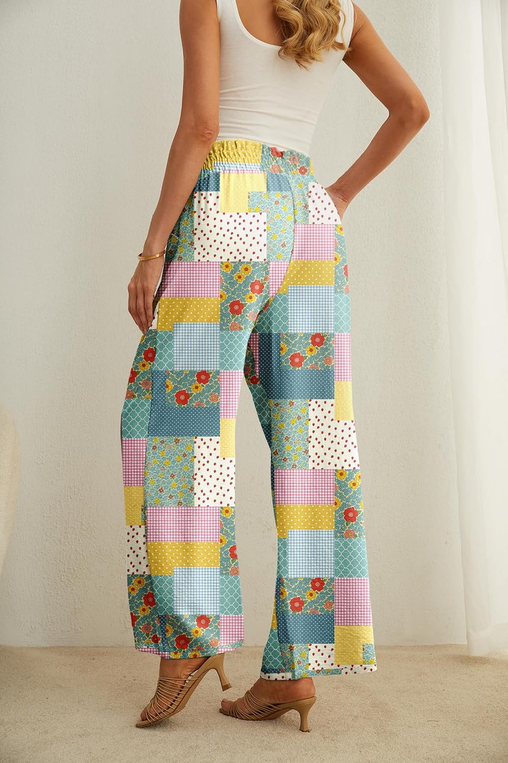 Detalle de IWOLLENCE Women High Waist Palazzo Pants: Adjustable Knot, Deep Pockets, Lightweight Sit-Through-Free Comfort