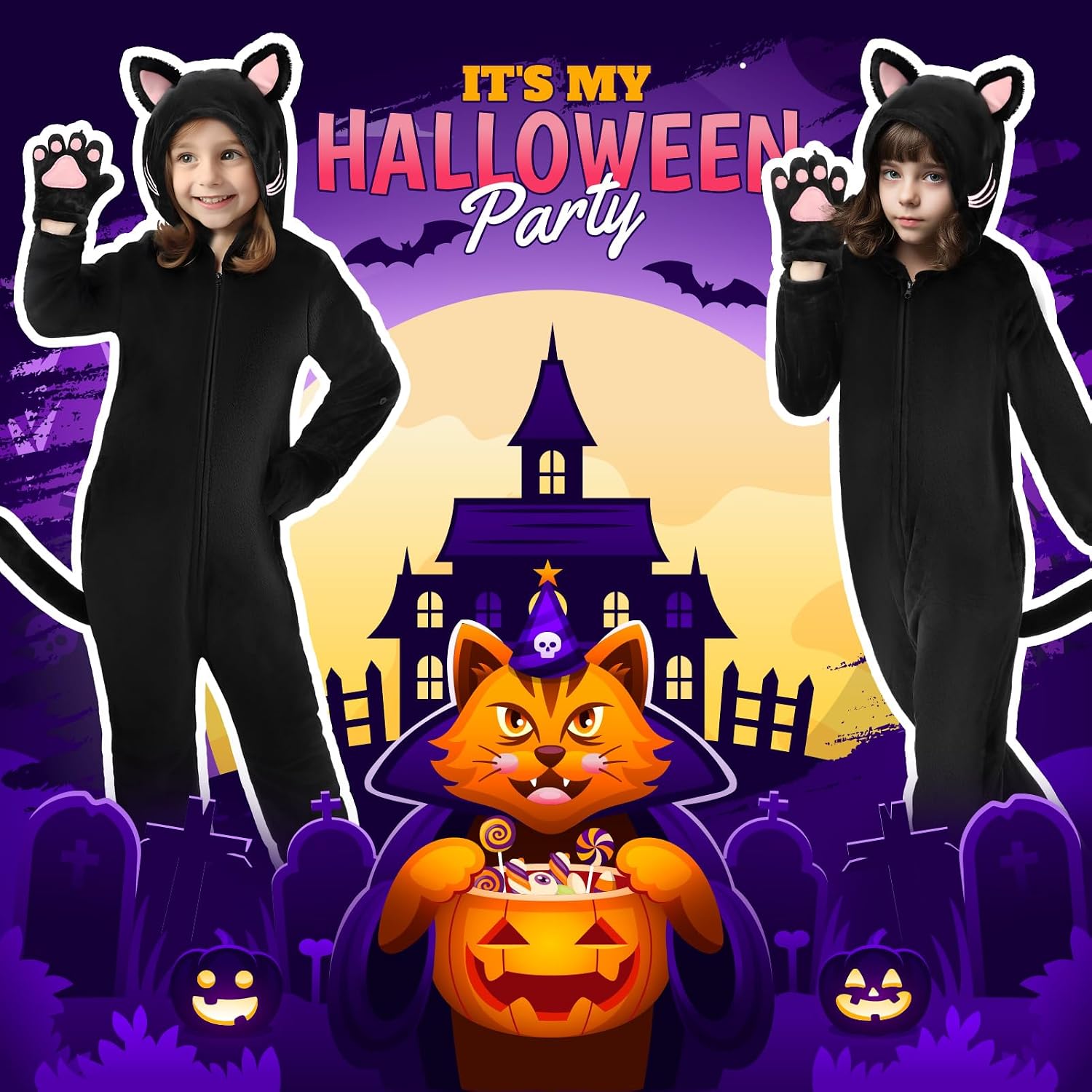 Detalle 2 de GiftInTheBox Black Cat Costume for Kids, Polyester Hooded Onesie with Tail and Gloves