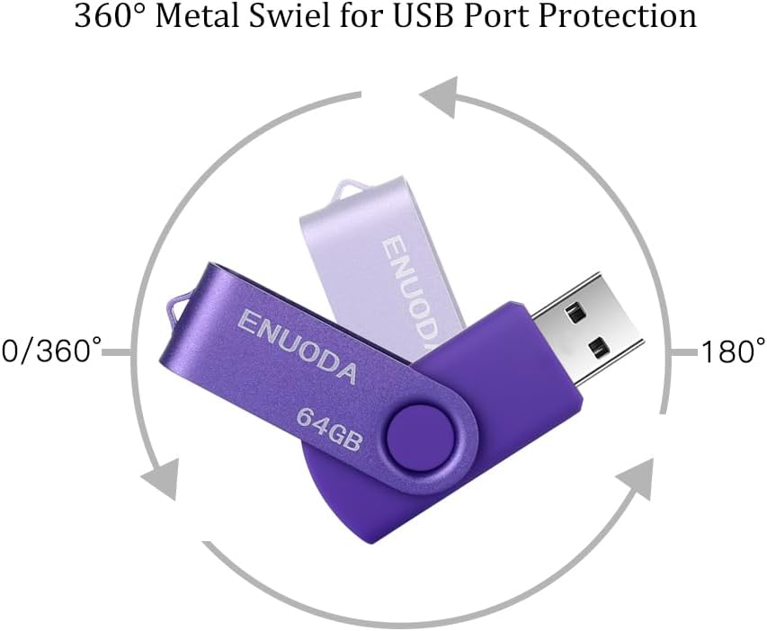 Detalle de ENUODA USB-Stick 64GB – Drehbarer Metallclip, USB 2.0, Lila