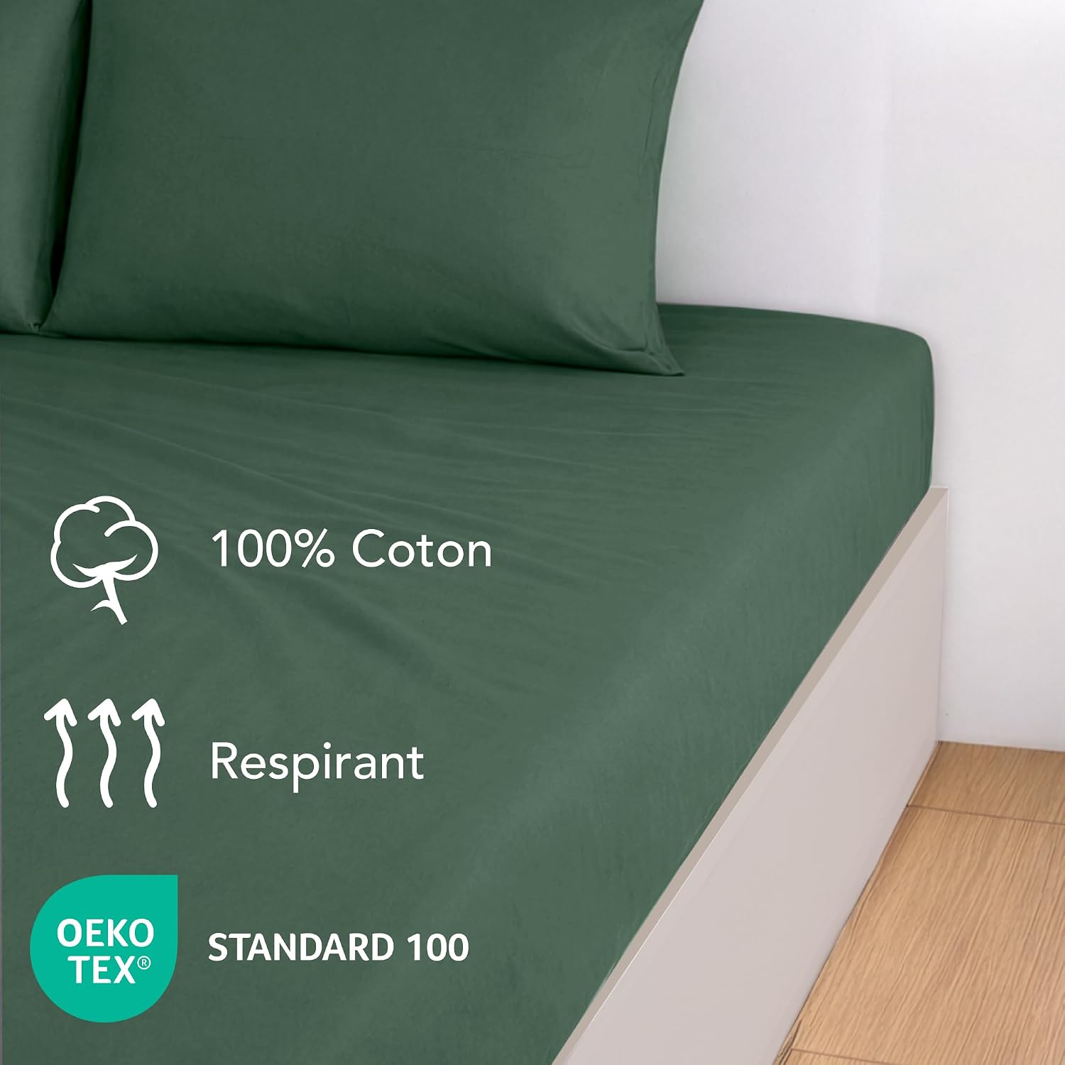 Detalle de Dreamzie Drap housse 180x200 en coton jersey extensible, bonnet 30 cm (vert canard) certifié Oeko-Tex