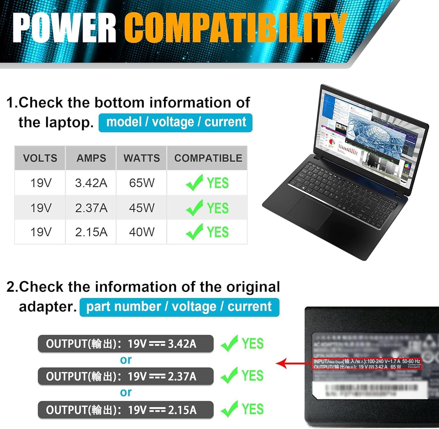 Detalle de Acer-Compatible Laptop Charger 65W