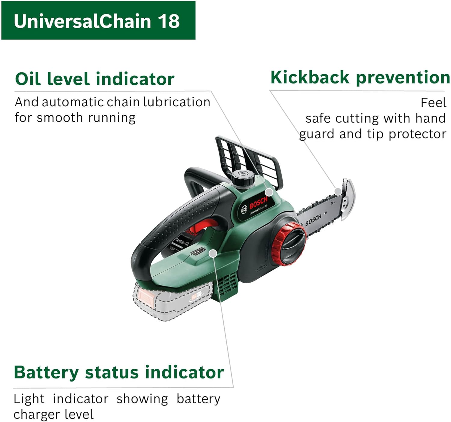 Thumbnail 2 de Bosch UniversalChain 18 cordless chainsaw (18V, 200mm bar) with SDS system, 2.5Ah battery and charger