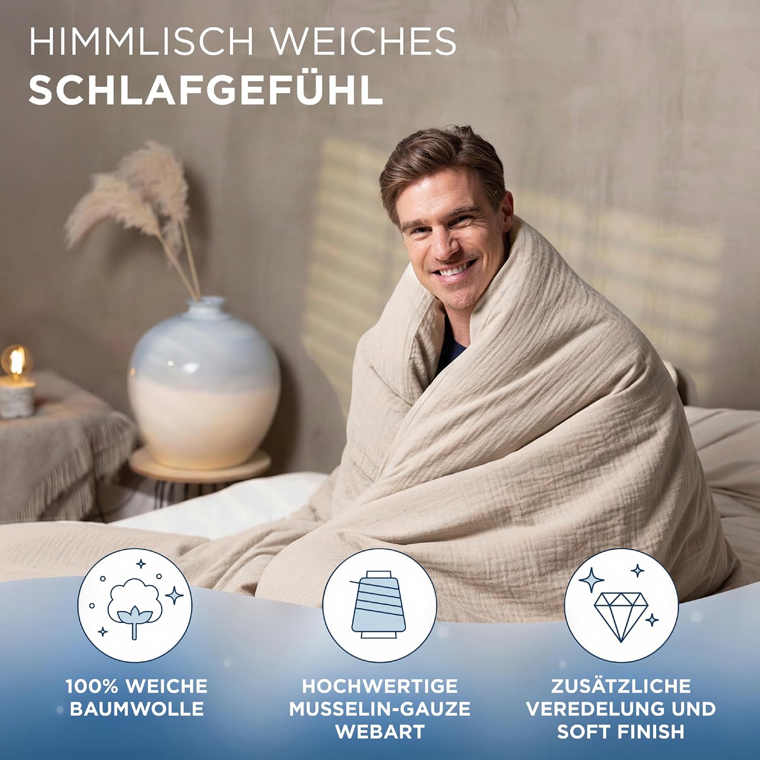 Detalle de Samthus Musselin Bettwäsche aus 100% Baumwolle – Oeko-Tex Made in Green, bügelfrei, 135x200 + 80x80, Beige