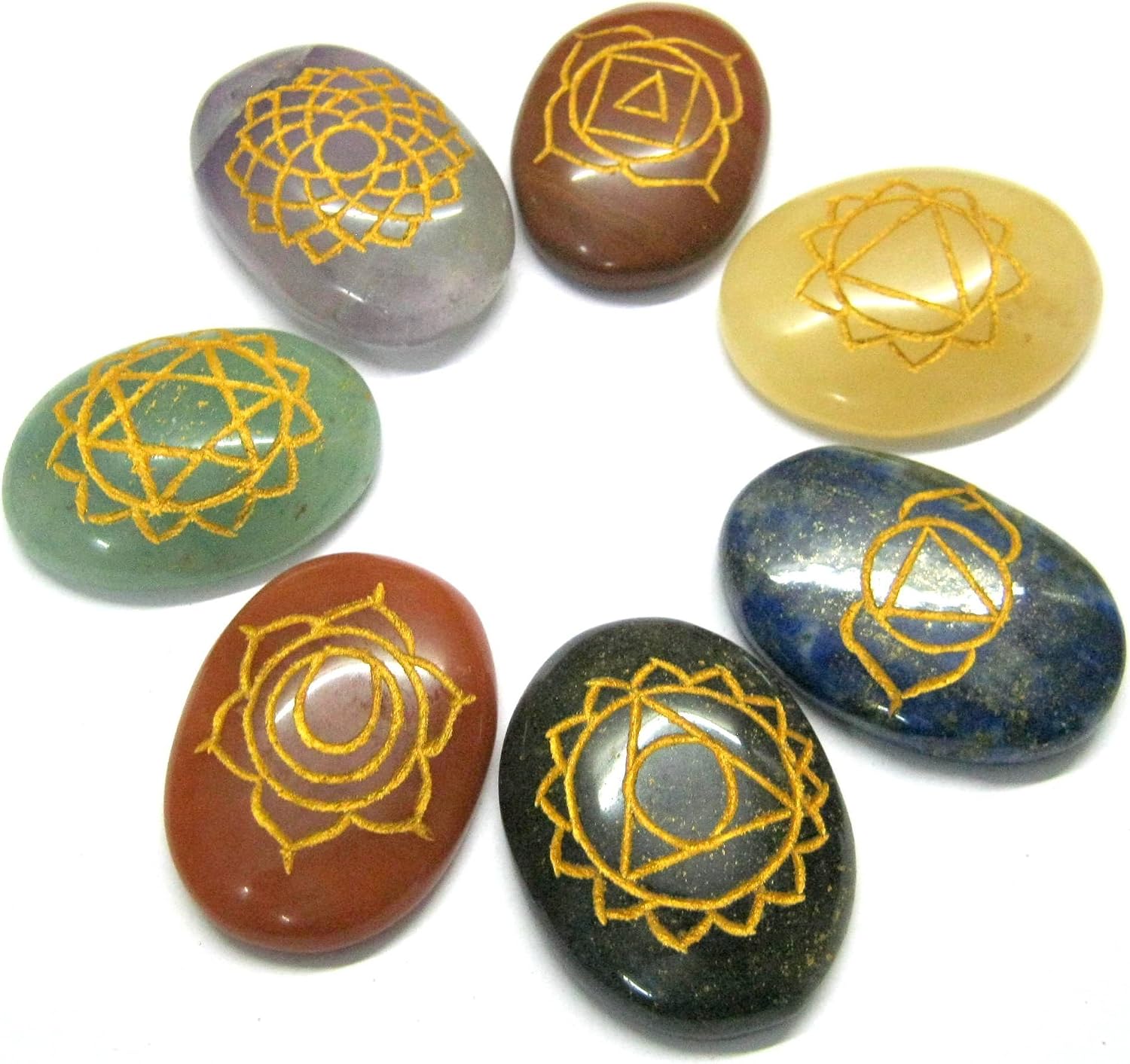 Seven Chakra Reiki Carved Oval Set: Crystal Healing and Chakra Balancer