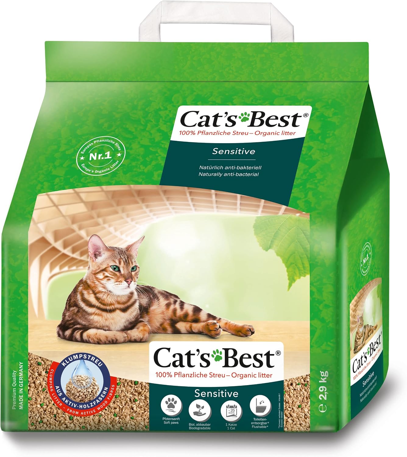 Detalle de Cat's Best Sensitive: 100 % pflanzliche Katzenstreu, fest klumpend und antibakteriell aus veredelten Aktiv-Holzfasern