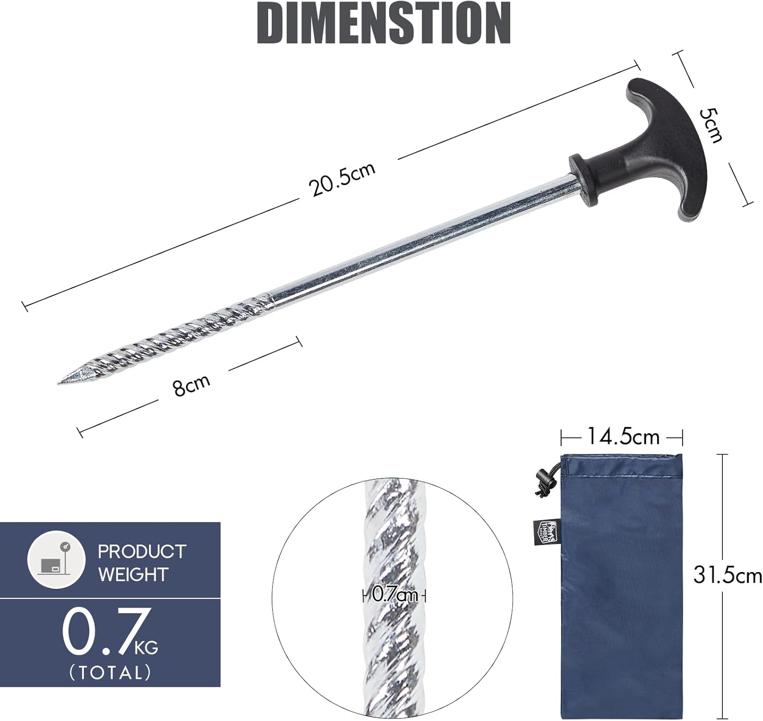 Detalle de TIMBER RIDGE 10 Pack Heavy-Duty Tent Pegs (20.5cm) for Hard Ground