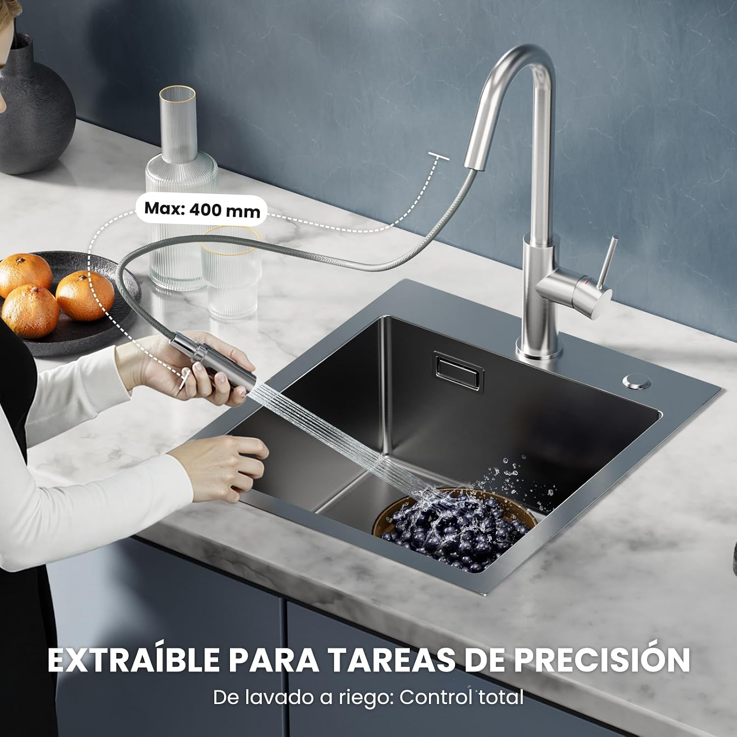 Detalle de CECIPA Rubinetto da cucina ad alta pressione con doccetta estraibile: design a V in acciaio inox e flessibilità d’uso