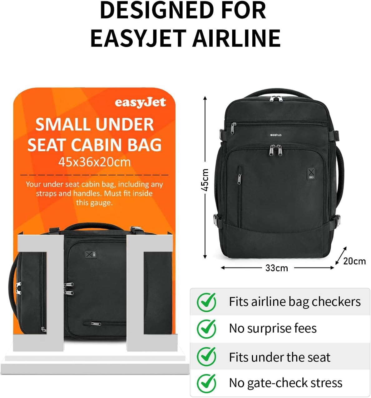 Thumbnail 2 de ECOHUB Easyjet Cabin Bag 45x36x20 Underseat Bag – 30L Recycled PET Carry-On