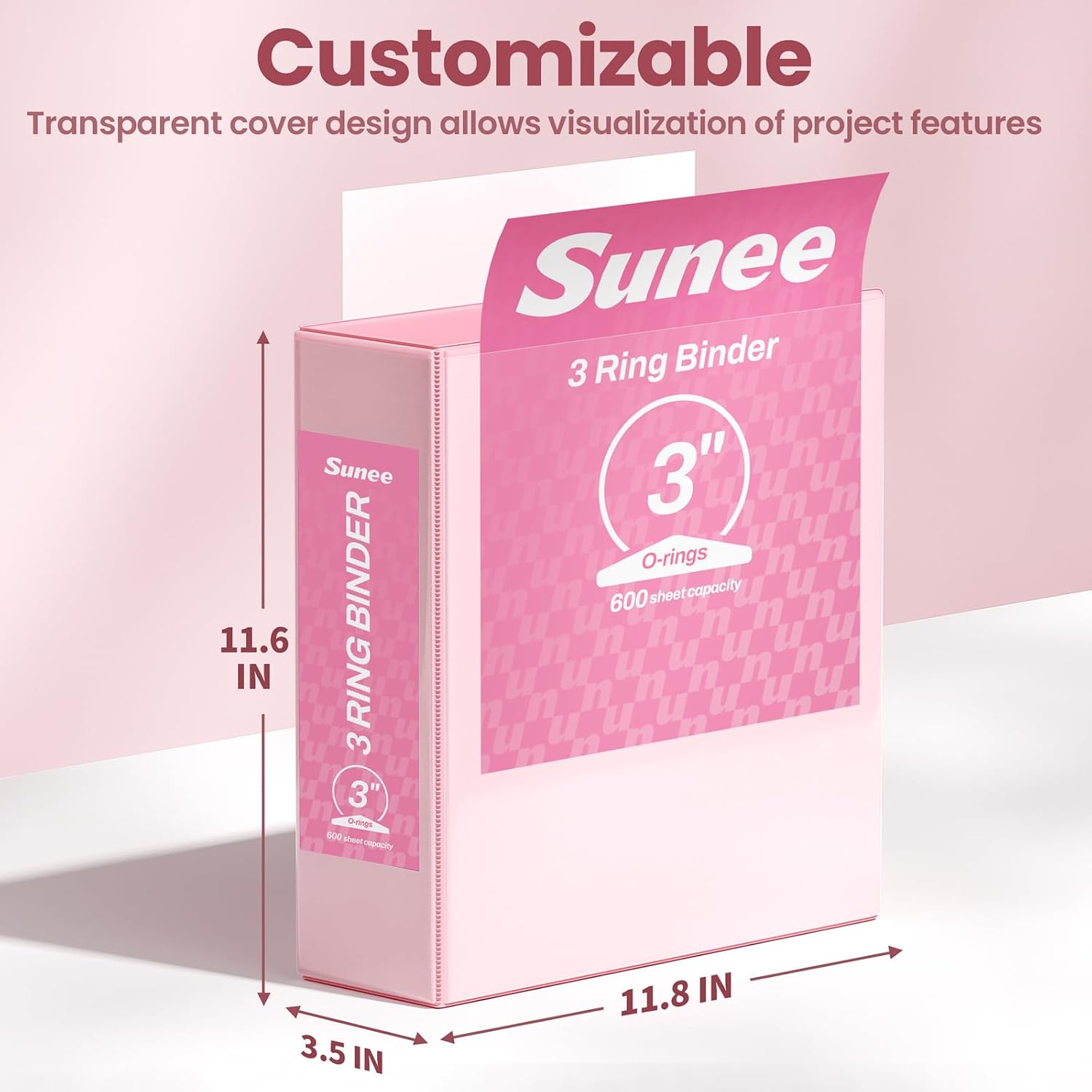 Thumbnail 6 de SUNEE 3-Inch 3-Ring Binder, Pink, PVC-Free, Letter Size, Clear-View Pockets
