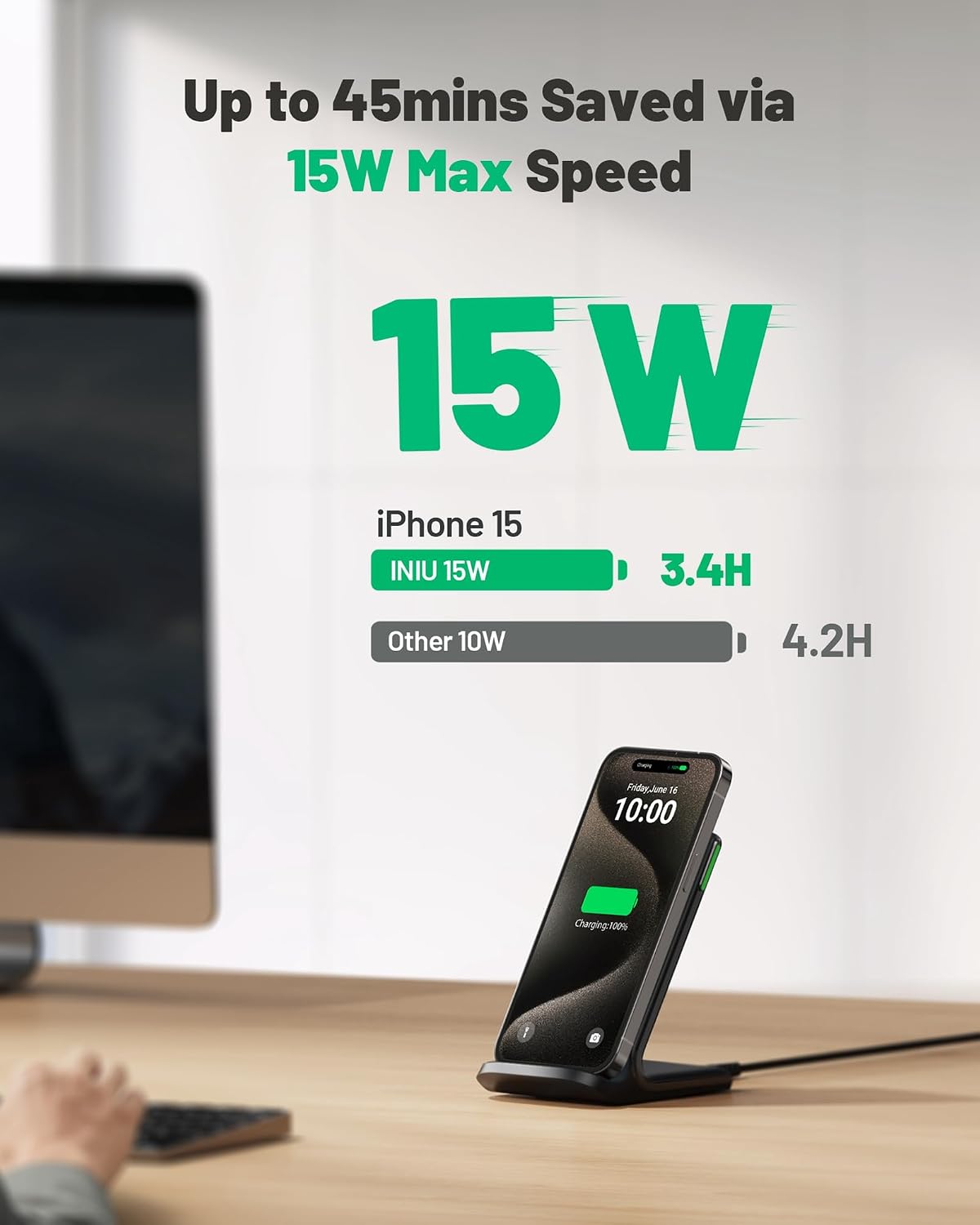 Detalle 2 de INIU Wireless Charger 2-Pack (15W) fast wireless charging stand with sleep-friendly adaptive light