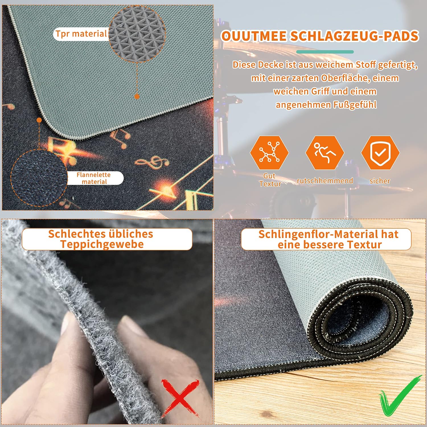 Detalle de OUUTMEE Schlagzeugteppich 152x122 cm – rutschfeste, schalldämmende Unterlage für Drums