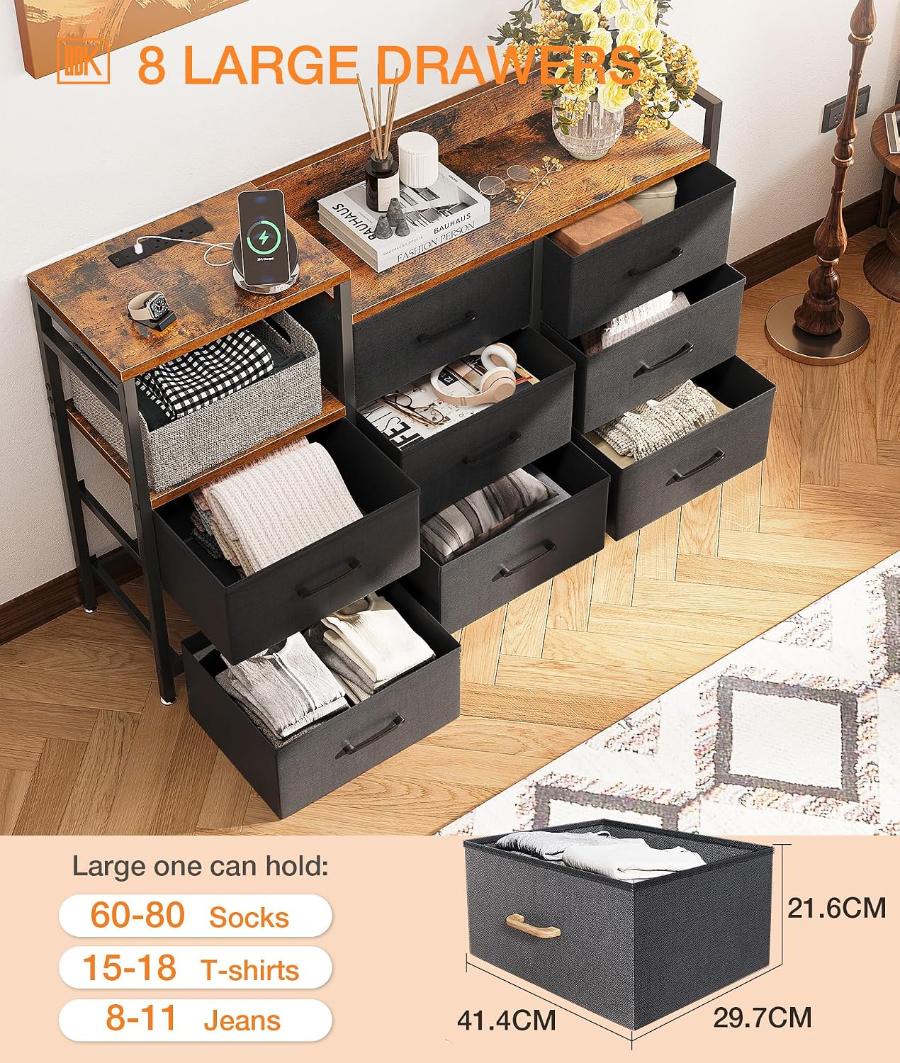 Thumbnail 5 de ODK Chest of Drawers with 8 Fabric Drawers and 2 USB Ports