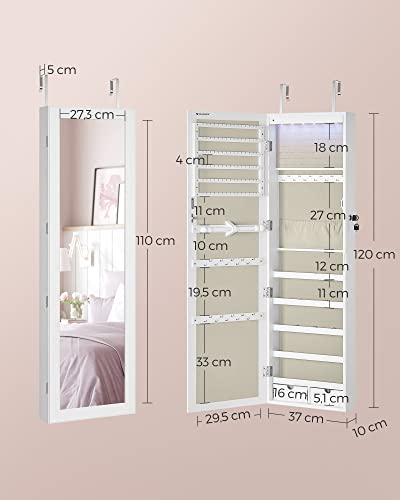 Thumbnail 5 de SONGMICS Armoire à Bijoux JJC093W01 – Rangement mural avec miroir, verouillable, blanc et doublure grège
