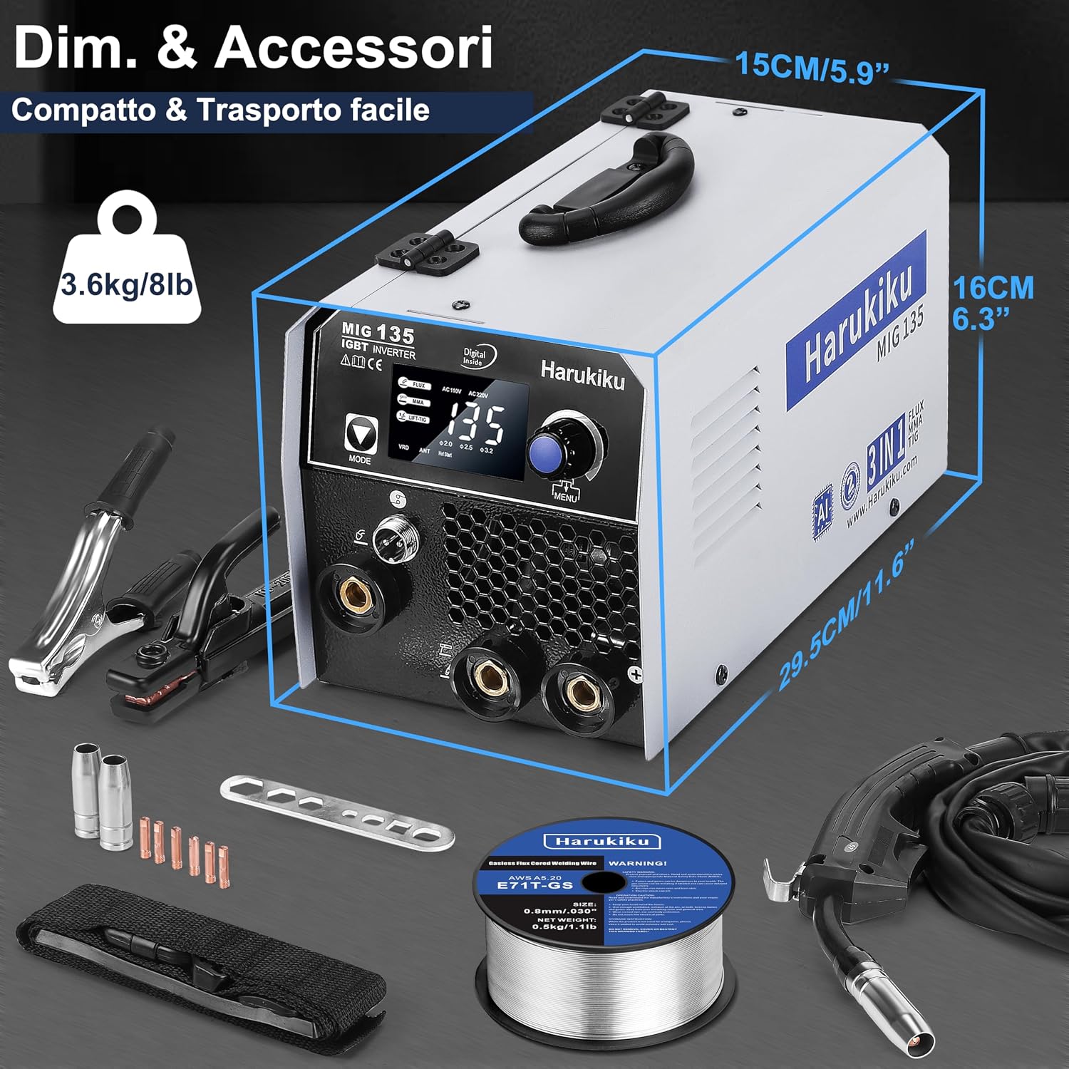 Detalle de Harukiku135 saldatrice a filo continuo: 3-in-1 per uso domestico e professionale (MIG/MMA/Lift TIG)