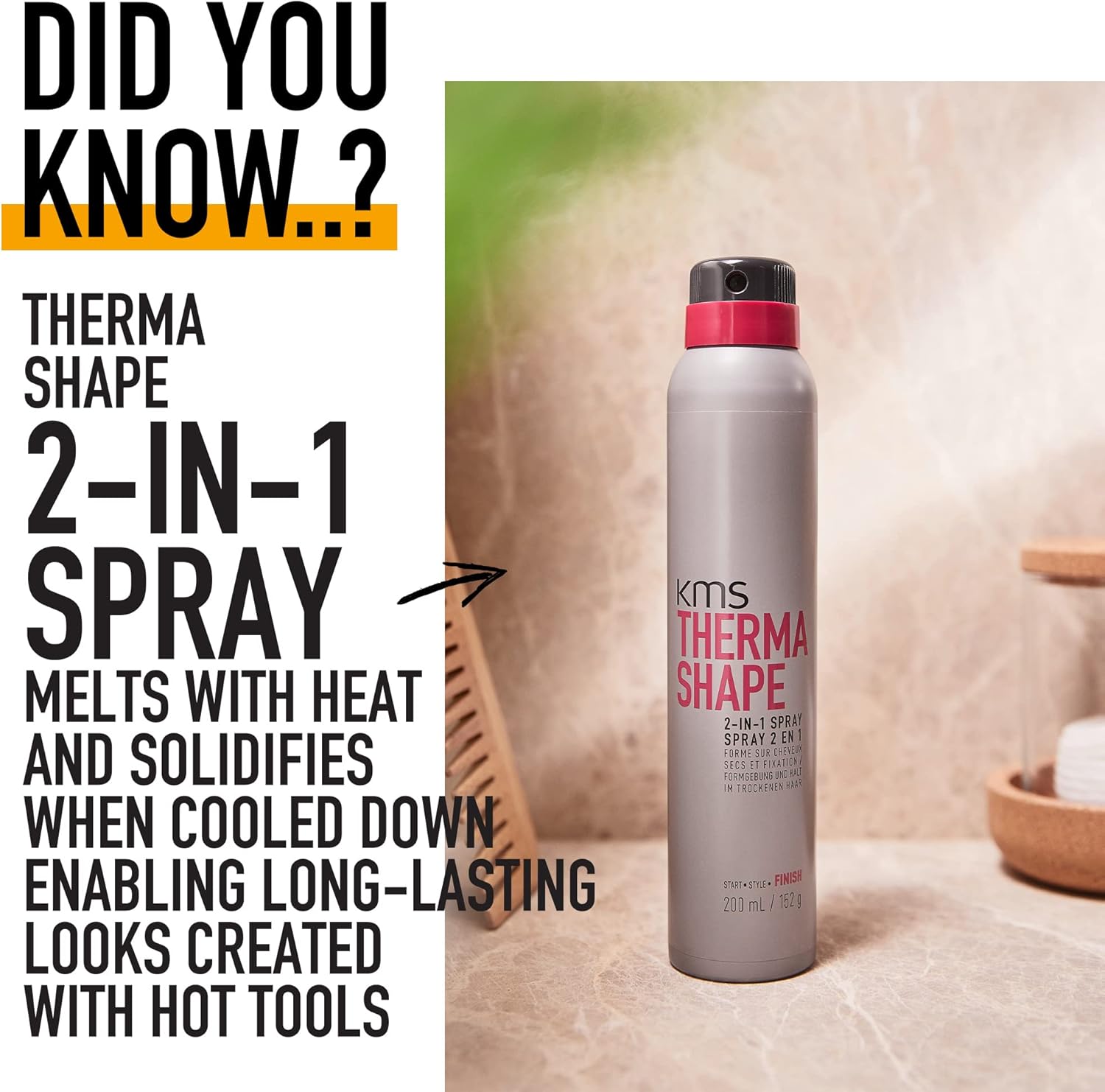 Detalle 2 de KMS ThermaShape 2-in-1 Spray: 200ml, For All Hair Types, Style Memory & Hold, Heat Protection