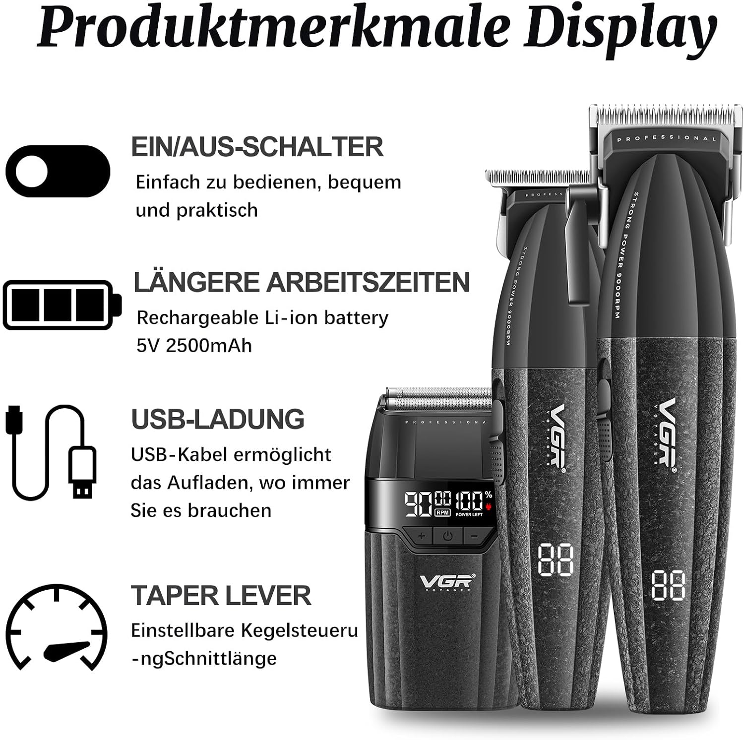 Detalle 2 de VGR 640 S3 3-in-1 Herren-Haarschneidemaschine: Haarschneider, Trimmer & Folienrasierer-Set