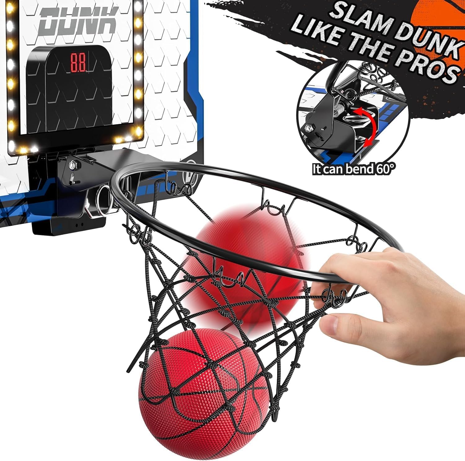 Detalle de TEMI Indoor Over-The-Door Basketball Hoop with 4 Balls – LED Backboard, Scoring & Sound Effects