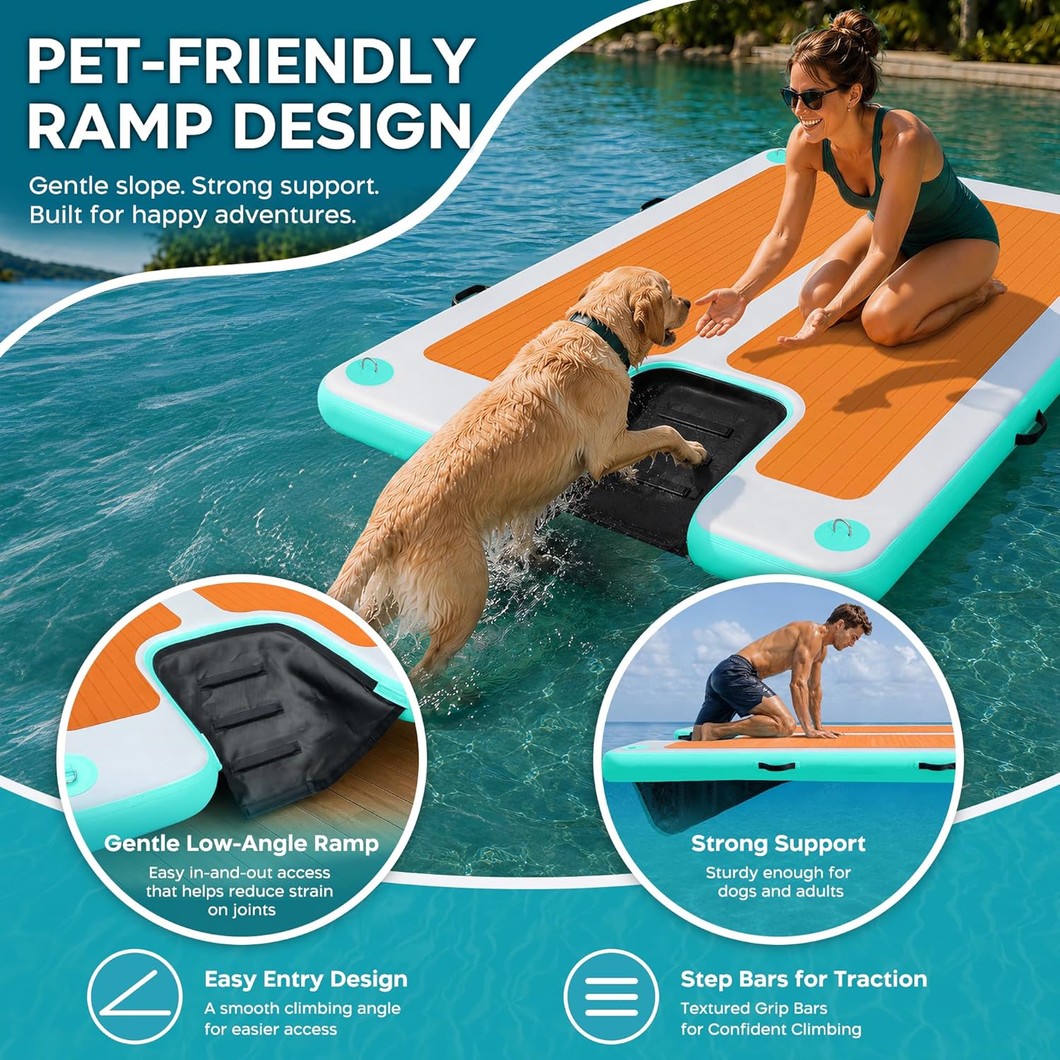 Detalle de AWEMUFA Inflatable Floating Dock with Ramp — 8ft x 6ft Large Floating Platform for Lakes, Pools, and Boats