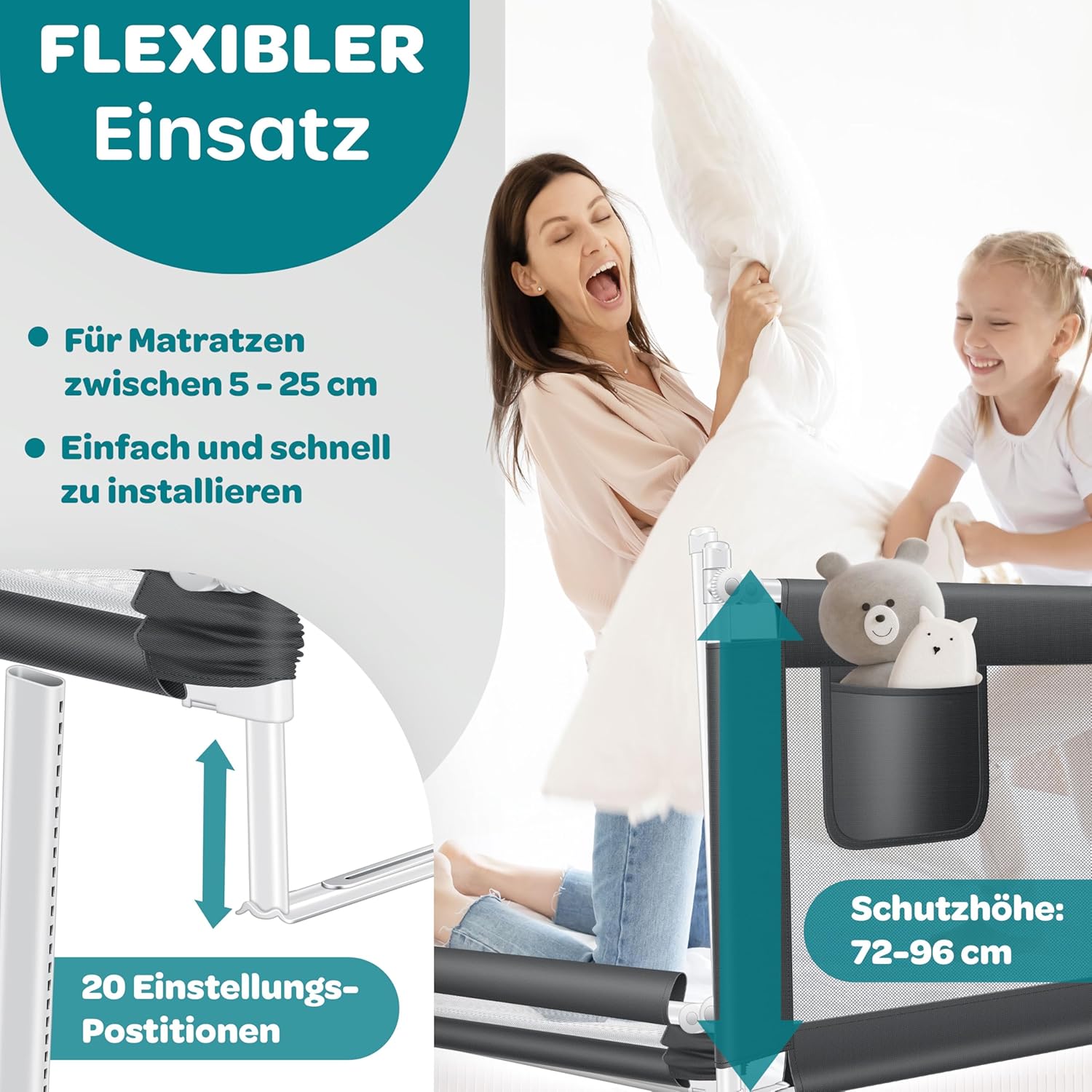 Thumbnail 3 de KESSER® Bettschutzgitter 200 cm – klapp- & höhenverstellbares Kinderbett Schutzgitter mit Mesh Netz, Dunkelgrau