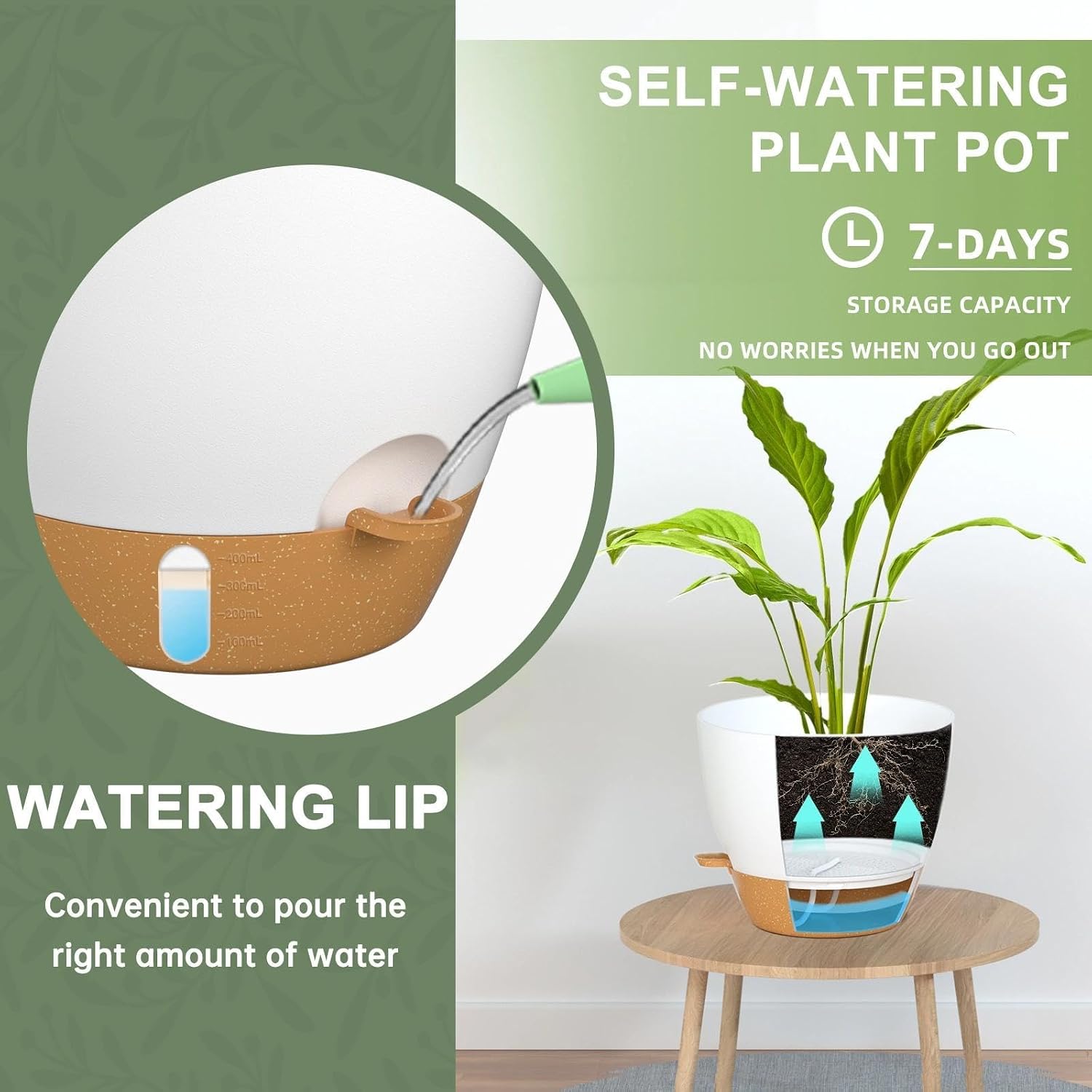 Detalle 1 de ZMTECH Self-Watering Plant Pots, 8/9/10-Inch White Set with Water-Level Indicator