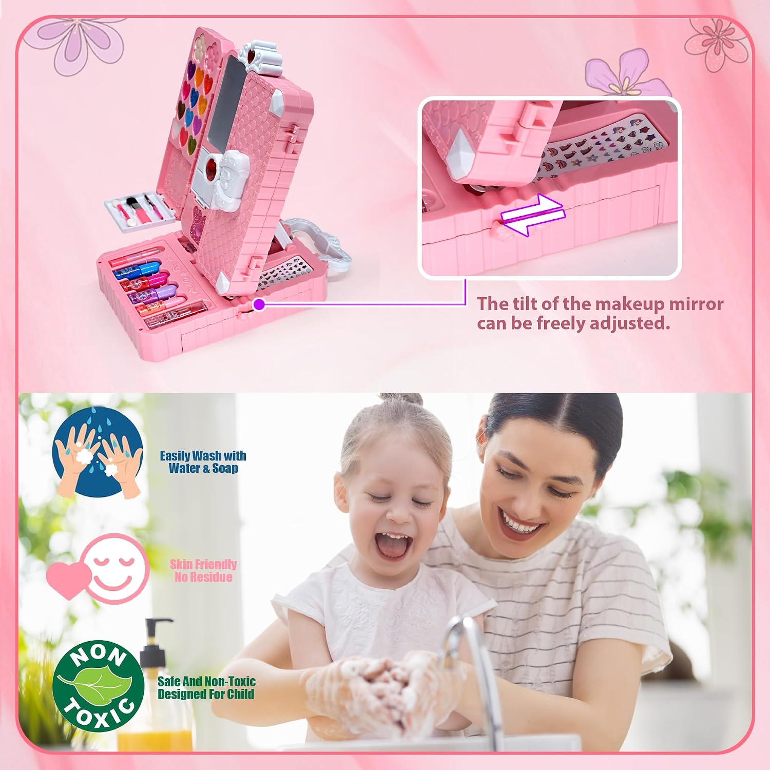 Detalle de Kinderschminke-Set für Mädchen (74-tlg.) Waschbarer Schminkkoffer als Spielgeschenk zur Prinzessin-Routine