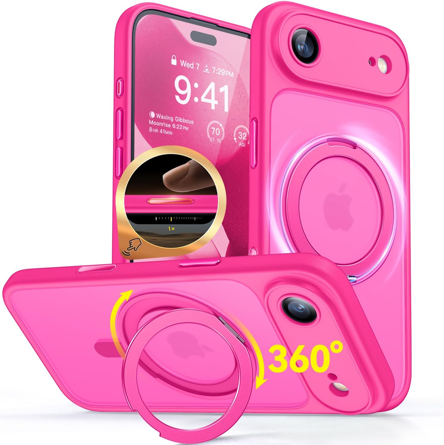 Detalle de CANSHN 360° Ständer-Hülle für iPhone Air mit Kamera-Schutznrahmen & Kamerasteuerknopf für MagSafe, leuchtend Matt Rosa