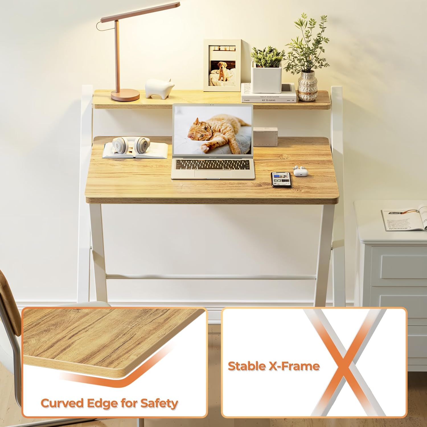 Thumbnail 6 de GreenForest Folding Desk (No Assembly Required) with Monitor Shelf, Oak – small space computer desk