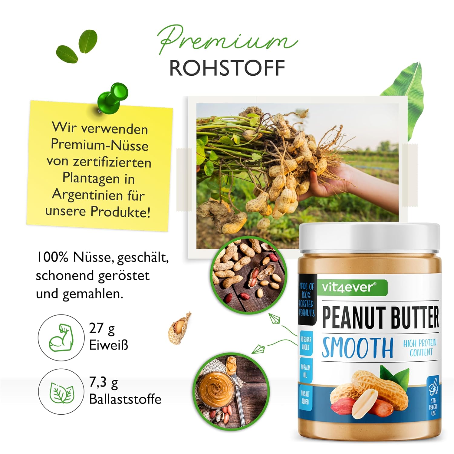 Detalle de Vit4ever Erdnussbutter Smooth – 1 kg natürliche Peanut Butter ohne Zusätze, High Protein, vegan