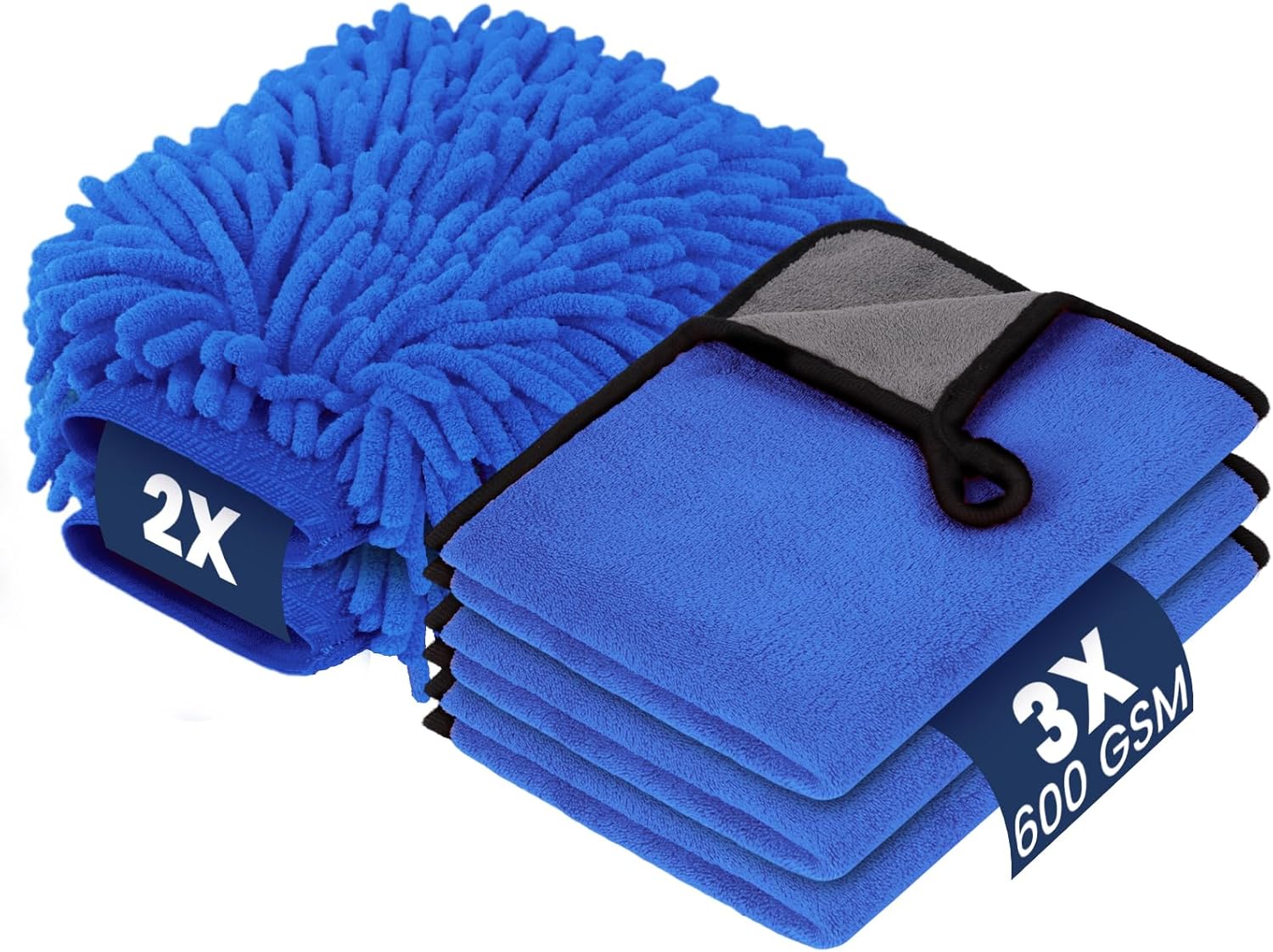 Kit di pulizia auto VSSHE: 3 panni microfibra 600 GSM e 2 guanti lavaggio per cura auto e moto